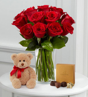 1 Dozen Long Stem Red Roses with Bear & Godiva??